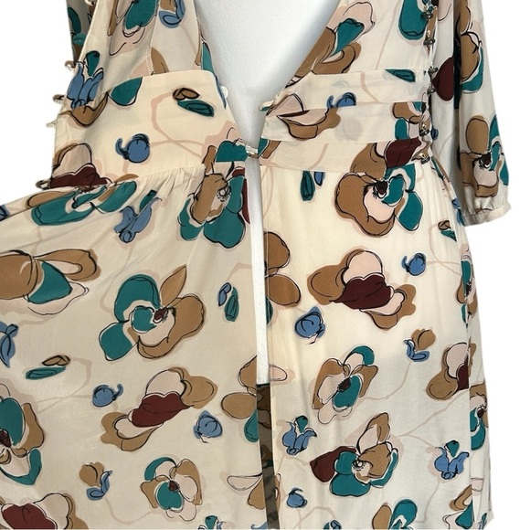Vtg SARA BERMAN Silk Floral Chiffon Wrap Dress sz S Brown Blue Abalone Buttons - Picture 11 of 13